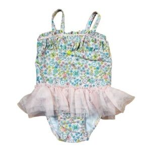 Circo Light Pink & Turquoise Floral Tutu One Piece Swimsuit Toddler Size 18M